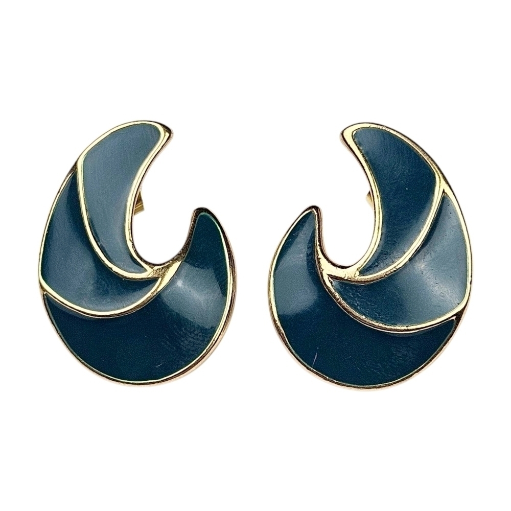 Trifari Wave Post Earrings Dark Teal Enamel Gold Plated 80s Pierced Vintage 1"